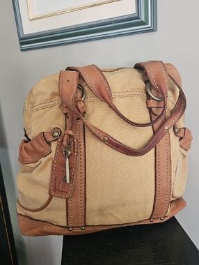 Fossil Beige Canvas and Brown Leather Satchel. One Dot Mark Last Pic